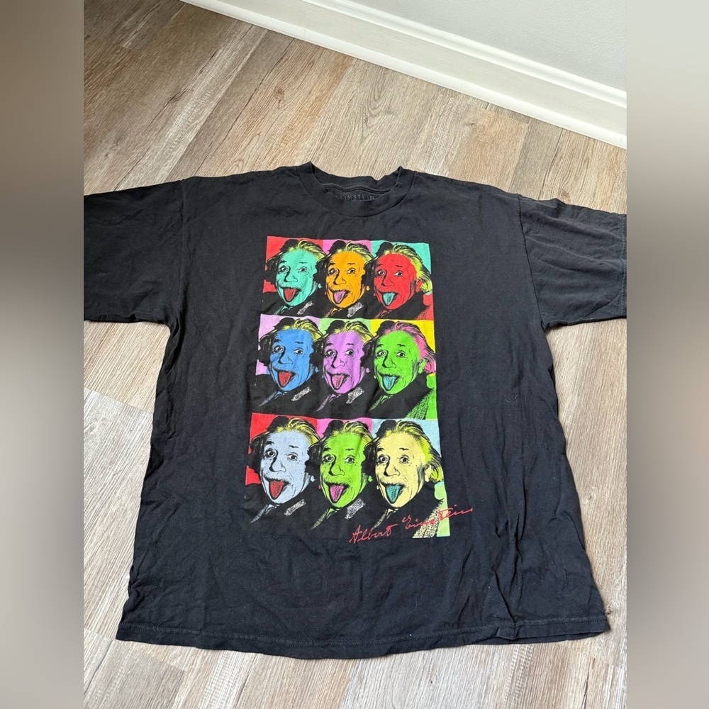 Albert Einstein Warhol Pop Art Graphic T-Shirt Black Retro Color Men's Size L XL